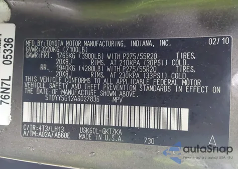 2010 Toyota Sequoia Platinum z USA, uszkodzony, nr VIN 5TDYY5G12AS027836